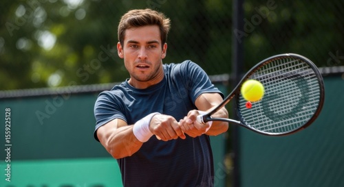 A determined male tennis player in a dark blue shirt and white wristband, intensely hitting a forehand with two tennis balls in motion on a green court, showcasing dynamic play.