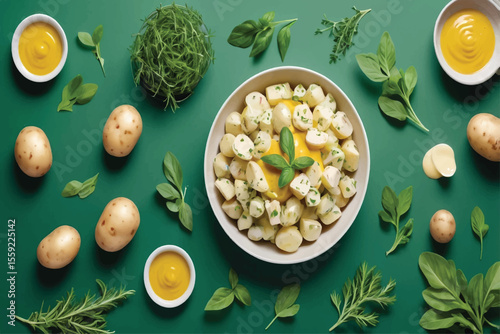 Overhead Shot of Potato Salad with Mustard Dressing and Fresh Herbs on Green Background