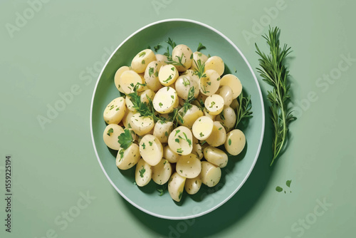 Overhead Shot of Potato Salad with Mustard Dressing and Fresh Herbs on Green Background