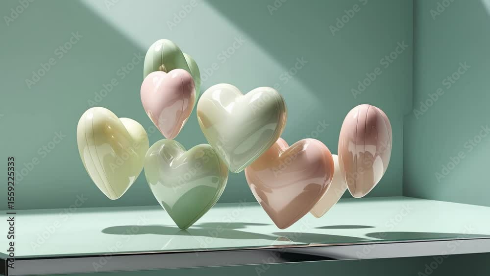 Colorful ceramic heart decorations on mint green background  