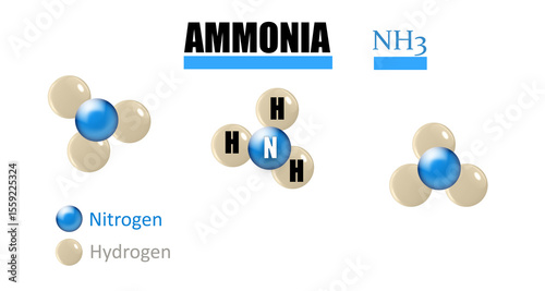 3D illustration of the ammonia (NH3) molecule, a colorless gas with a strong smell, used in fertilizers and cleaning products.