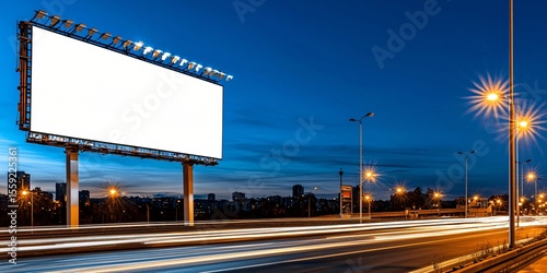 billboard frame with empty white panel at night with ambient highway lighting, headlights of distant vehicles, metal and light reflections visible on support structure