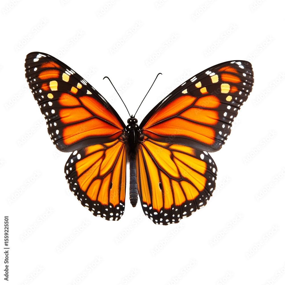 Fototapeta premium Orange butterfly with black and white markings on a black background a vibrant insect