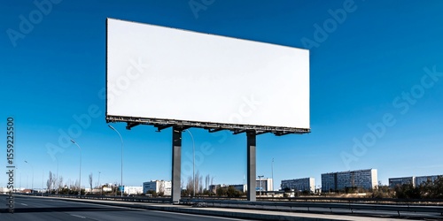 large horizontal billboard mockup in industrial highway zone, white placeholder under bright midday sun, warehouse buildings in far background, sharp geometric composition