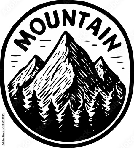 Circular badge featuring mountain peaks in minimal black-and-white style. Ideal for alpine gear and hiking identities