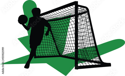 Soccer player silhouette with ball and goal net vector illustration for sports design project
