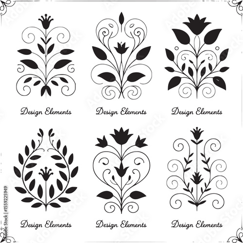 Six floral design elements with decorative swirls and leaves in a framed arrangement