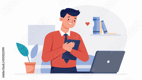 Employee closing laptop and placing hand on heart