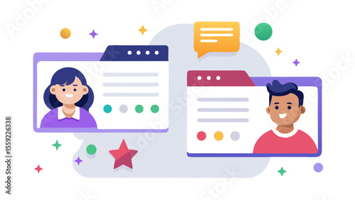 Floating feedback cards with star ratings and comm