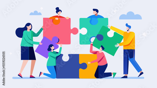 Four characters placing large colorful puzzle piec