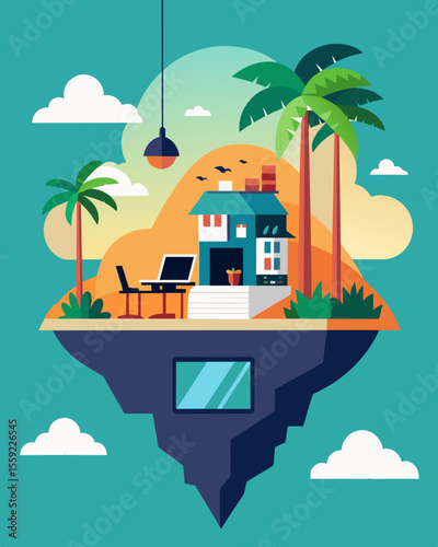 The island has a communal workspace where digital nomads can come together to collaborate and share ideas. The openair design allows for plenty of natural light and fresh air.. Vector illustration