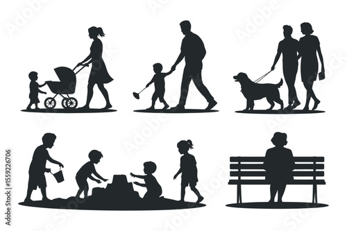 Silhouette illustration of families and children enjoying outdoor activities