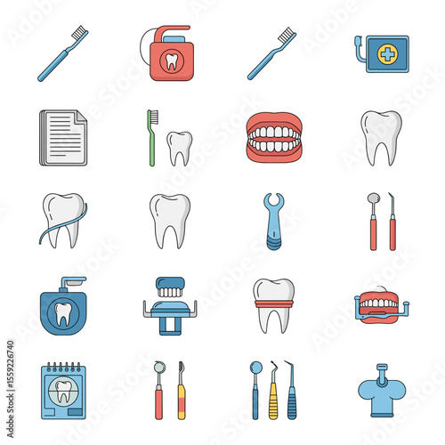Dental Care Icons A Comprehensive Set of Toothbrush, Teeth, and Dentist Tools Illustrations