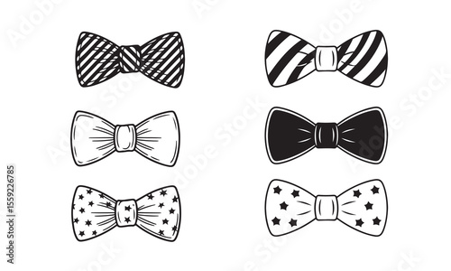 Collection of six bow tie illustrations with various patterns isolated on white background isolated on transparent background silhouette