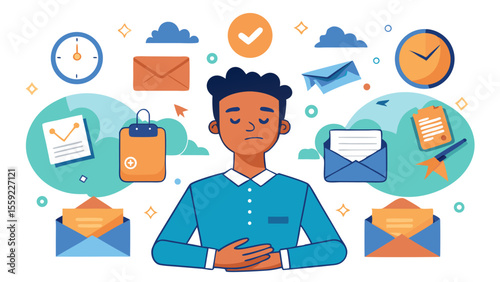 Overworked team member surrounded by task icons t