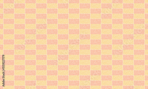 黄色と赤の2つのラフな渦巻マークがS字になってつながった模様のチェック柄