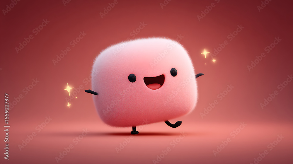 Fototapeta premium Fluffy pink character with smile and magical star particles dances