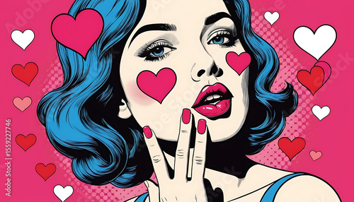 Retro Pop Art Woman with Hearts - Valentine's Day Illustration