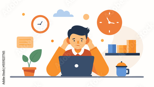 Stressed employee sitting at desk holding head wi