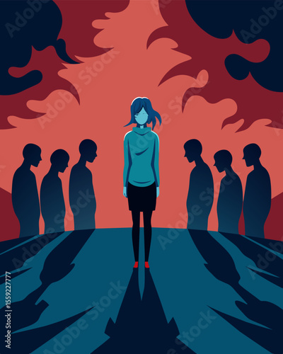 The person stands alone surrounded by a sea of shadows that seem to merge with their own silhouette highlighting the way verbal abuse can break down ones sense of self.. Vector illustration