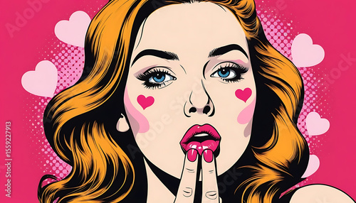 Retro Pop Art Woman with Hearts, Valentine's Day Illustration