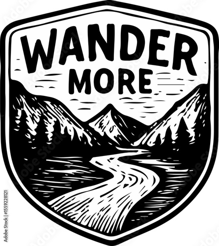 Stylized badge with a winding trail through a mountainous valley and 'Wander More' text. Evokes freedom, discovery, and nature therapy
