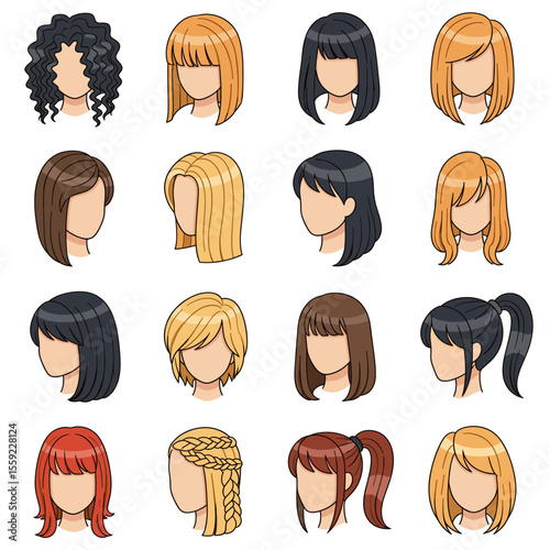 Collection of Diverse Female Hairstyle Illustrations Bobs, Bangs, Braids, and More