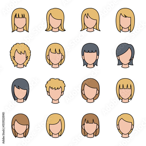 Collection of Diverse Female Hairstyle Icons Bobs, Bangs, and More
