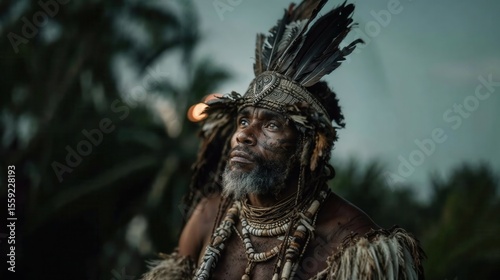 Wallpaper Mural Cinematic portrait of an indigenous man in traditional attire with feathered headgear at dusk. Cultural identity, ancestral wisdom, heritage, and connection to nature. Torontodigital.ca