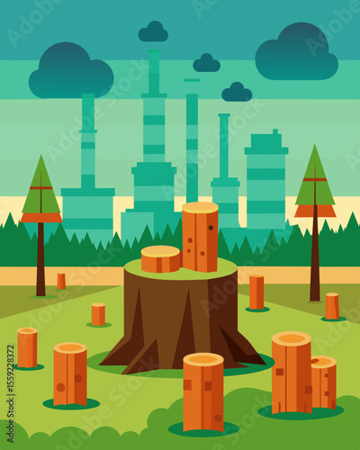 A field of stumps stands as a reminder of the thriving forest that once stood in its place now cleared for the construction of a new factory.. Vector illustration
