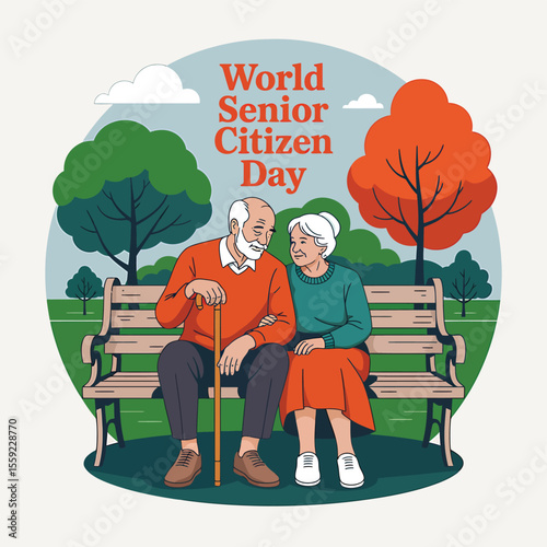 World senior citizen day illustration of elderly couple sitting on bench in park celebrating together