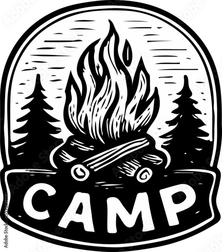 Black and white campfire badge with flames, logs, and pine trees. Ideal for camping themes, outdoor adventures, scout clubs, and wilderness exploration designs.