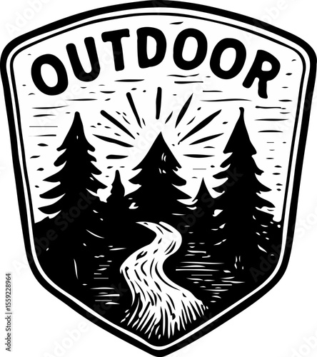 Clean monochrome badge labeled 'Outdoor' above a stylized mountain sketch. Ideal for versatile adventure-related use