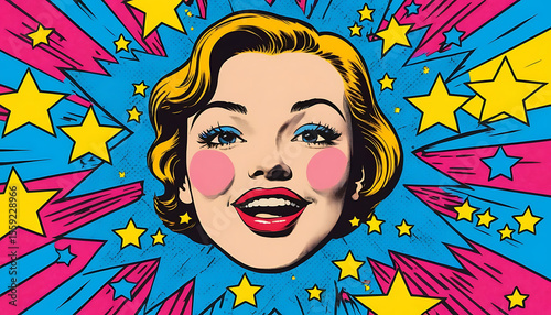 Retro Pop Art Woman with Starburst Background