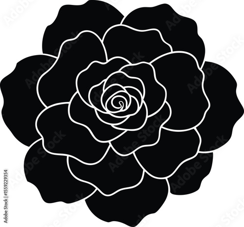Elegant Floral Silhouette: A captivating black and white illustration showcasing a stunning flower, its petals meticulously outlined, offering a timeless display of natural grace.