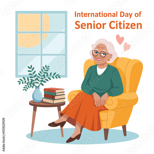 International day of senior citizen celebration illustration of elderly woman relaxing at home in armchair