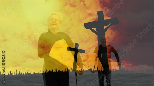 Leaving surf in sports, surfer couple walking toward shore carrying yellow surfboards by crosses