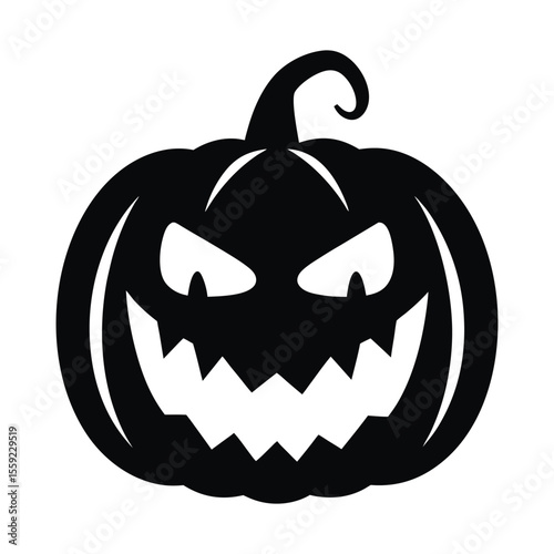 A spooky, carved jack-o'-lantern pumpkin with a scary face, an isolated Halloween decoration glowing with an orange light, perfect for an October holiday