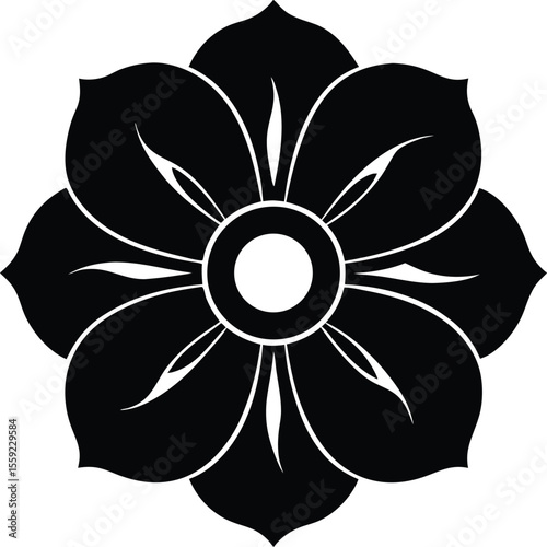 Elegant Floral Silhouette: A striking black and white silhouette of a symmetrical flower, with meticulously crafted petals radiating from a central point, showcasing refined artistry.