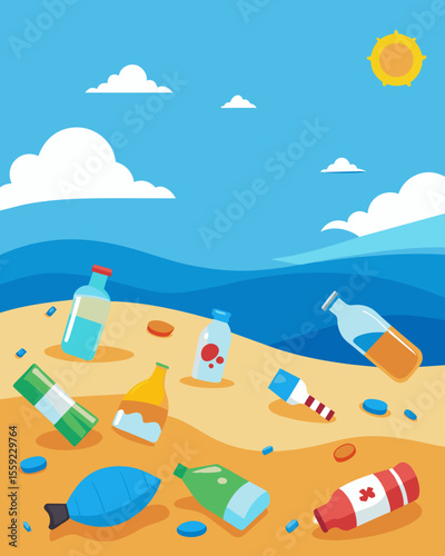 A beach covered in plastic water bottles and discarded beach toys.. Vector illustration