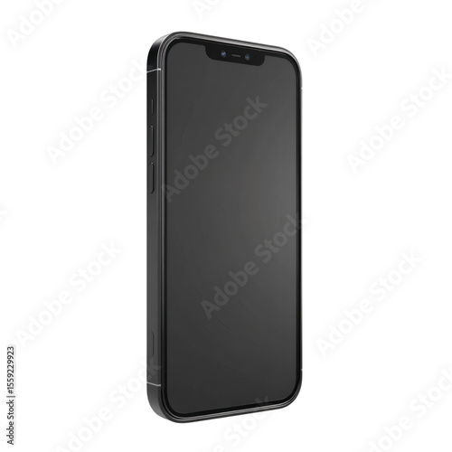 Minimalist 3D render of a matte black smartphone with a blank screen, isolated on transparent background .