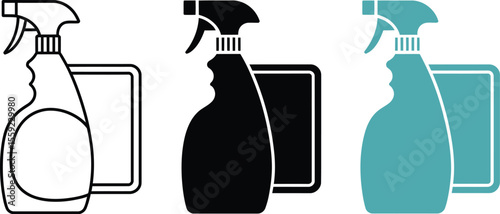 Cleaning spray bottle and cloth illustration vector icon set for cleaning service and household chores