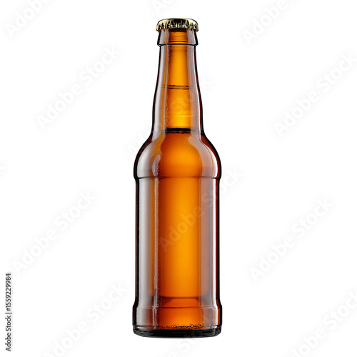 Amber Nectar: A captivating close-up of a single, elegant amber glass bottle, showcasing the golden liquid within, sealed with a metallic cap, suggesting refreshing taste.