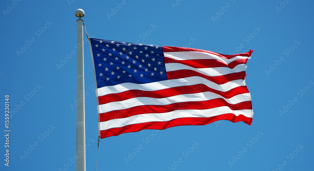 Obraz premium American flag waving against a clear blue sky on a flagpole with a spherical finial on top