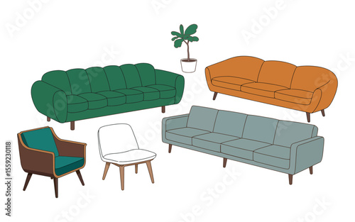 Collection of Mid Century Modern Sofas and Armchairs in Various Colors