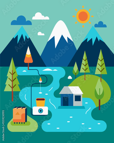 A minihydro system setup by a group of friends on a camping trip using a small river nearby to power their campsite for the weekend.. Vector illustration