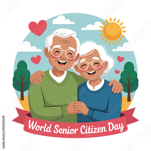 Celebrating world senior citizen day with happy elderly couple illustration and sun vector background