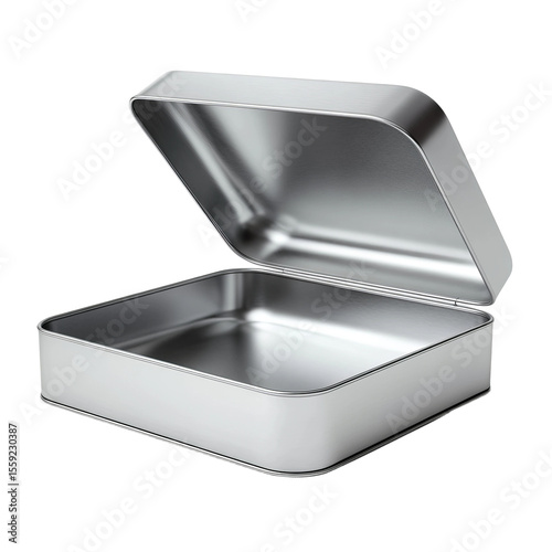 Empty Metal Tin Box: A sleek, empty, silver metal tin box with a slightly raised lid, sits open on a plain background, ready for your product or design.