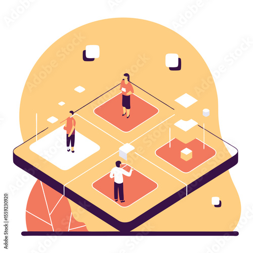 Isometric illustration of people interacting with digital interfaces and data visualization