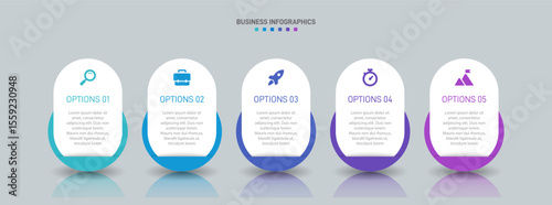 Horizontal progress bar featuring 5 arrow-shaped elements, symbolizing the five stages of business strategy and progression. Clean timeline infographic design template. Vector for presentation